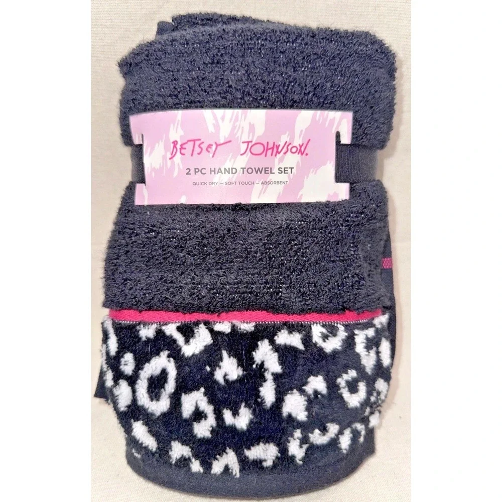 NEW Betsey Johnson 2 Pc Hand Towel Set Black Leopard 100% Cotton Qty Discount